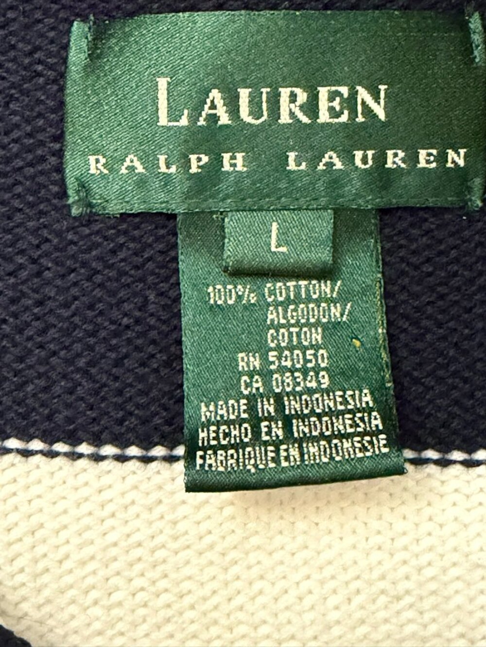 VTG Lauren Ralph Lauren 100% Cotton Striped 1/4 Zip Sweater Crest Logo Preppy L - Picture 5 of 12